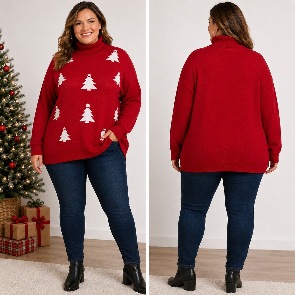 Retrology Red Christmas Tree Turtleneck Sweater Women’s 2X Holiday Knit